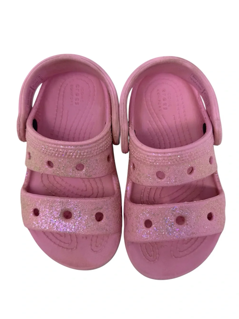 Crocs double strap pink glitter slip on sandals child’s size 8